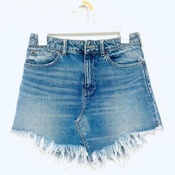 Free People We The Free Bailey Fringe Denim Mini Skirt asymmetric size 26 - Picture 3 of 5